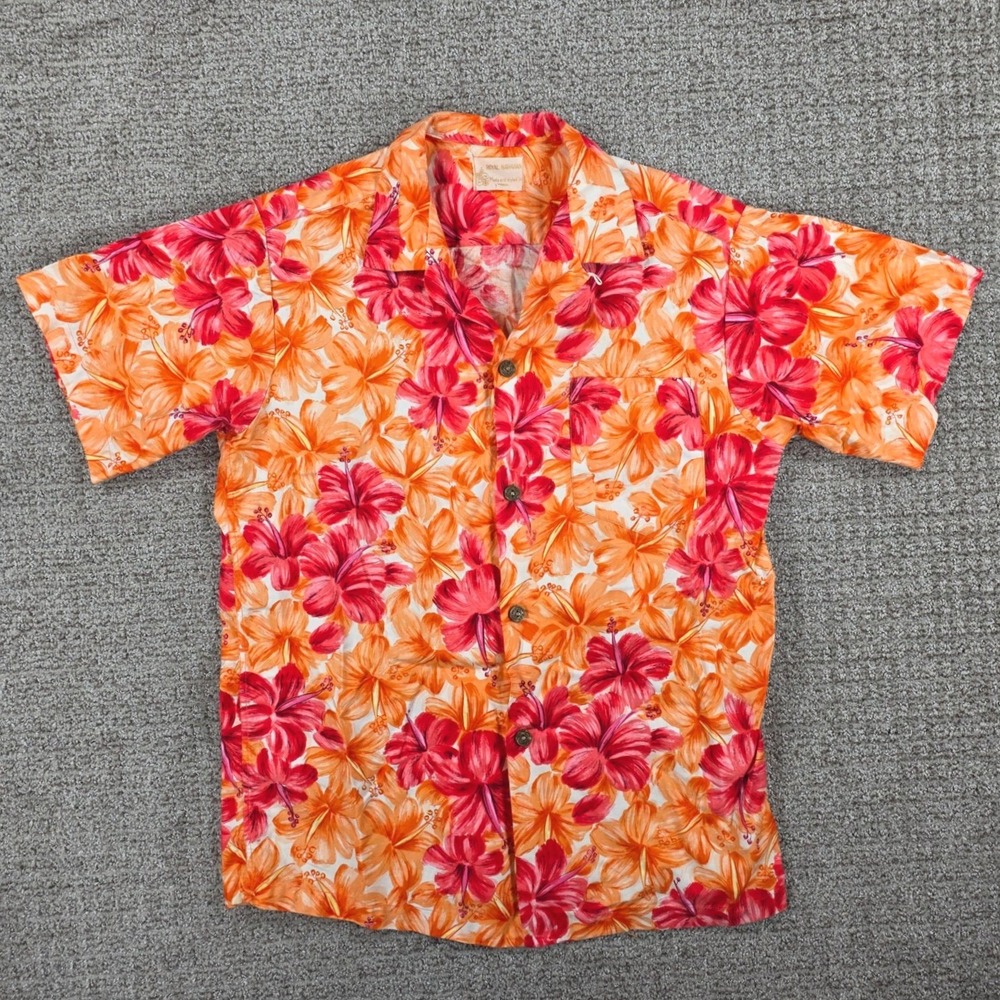 Vintage 60s Royal Hawaiian Mens Orange‎ Pink Sz Medium Floral Short Sleeve Shirt